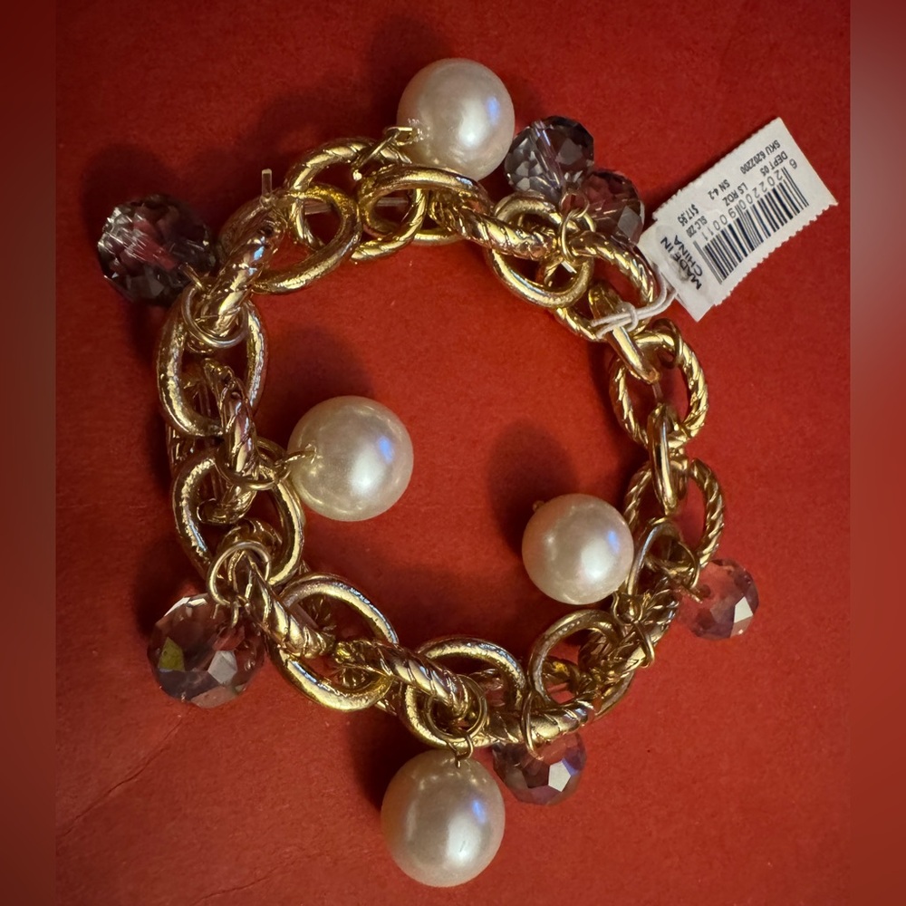JCP Stretch Gold Tone Bracelet with Pearl and Crystal Accents